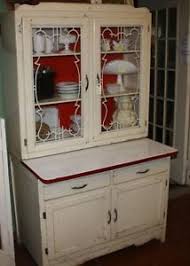 Art Deco Hoosier Cabinet Original Glass Doors Enamel Work Surface Cream Red Hoosier Cabinet Glass Cabinet Doors Vintage Cabinets
