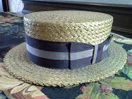 Vintage Mens Boater Straw Hat Sz 7 1 8 Early 1900s Redwood Ross Basher Petersham Grosgrain Navy Blue Orange Ribbon Free Us Shipping Hats For Men Boater Straw Hat