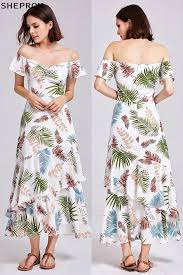 Tea Length Layered Printed Casual Dress Off Shoulder Sleeves Trendy Dress Styles Dresses Casual Dress