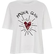 River Island White Amour Club Sequin Heart T Shirt 170 Brl Liked On Polyvore Featuring Tops T Shirts Print T Shirts Ladies Tee Shirts Tops Womens Tops