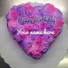 Happy Birthday Cake Heart Shape With Name Heart Shape Soft Cream Purple Birthday Cake With Name Purple Cakes Birthday Birthday Cake Write Name Latest Birthday Cake