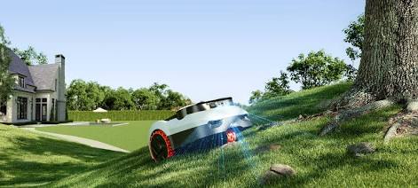 Wire-free robotic mower maintaining a pristine suburban lawn in Surrey, AI generated