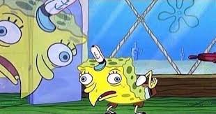 But when he was telling a fake story of how he got the black eye to sandy, he says that he hit his eye himself by a straw when was going to take a drink. What Is The Mocking Spongebob Capital Letters Chicken Meme