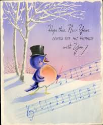 Vintage New Year Card Little Singing Blue Bird Top Hat Music Notes Used Vintage Happy New Year New Year Card Happy New Year Cards