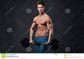 Athletic Shirtless Male Biceps Barbell Workout Stock Image
