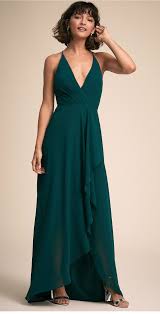 Forest Green Bridesmaid Dresses With Wrap Styling And Ruffled Hem Farrah Gown Fro Green Bridesmaid Dresses Forest Green Bridesmaid Dresses Bridesmaid Dresses