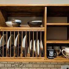 Wooden storage injects warmth and an organic look to the kitchen space while providing additional storage. Double Deluxe Wood Plate Dish Cup Cabinet Rack Shelf Kitchen Etsy Plate Racks Dish Rack Cabinet Shelves