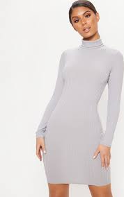 Dove Grey Ribbed Long Sleeve High Neck Bodycon Dress High Neck Bodycon Dress Ribbed Bodycon Dress Bodycon Dress