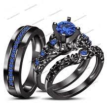 Brillant Rd Sapphire 14k Black Gold Fn 925 Silver His Her Wedding Trio Ring Set Black Gold Jewelry Blue Wedding Rings Wedding Ring Trio Sets