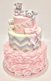Layered Pink Cake Perfect For A Girls Baby Shower Topped With Teddy Bears Pink Baby Shower Cake Bear Baby Shower Cake Baby Shower Cakes Girl