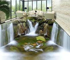 Realistic Living Room In 3d With Floor And 3d Tiles And Waterfall Features And Some Cracks Around The Sky Projetos