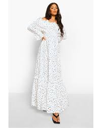 Boohoo Polka Dot Cold Shoulder Ruffle Maxi Dress In White Lyst