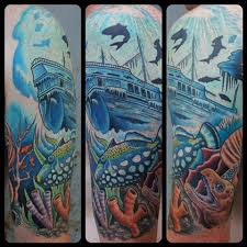 sunken ship ocean tattoos, sleeve