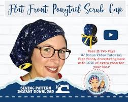 Ponytail Scrub Cap Sewing Pattern Flat Front With Video Pdf Download  Tutorial Template Wear Two Ways A4 for LONG HAIR