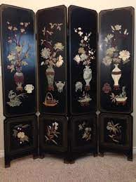 Antique Chinese Screen Divider 4 Panel Leather Jade Stone Black Lacquer 72 Antiques Wood Screens Paneling