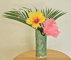 Kanji Japanese Flower Vase Green Hand Built Pottery W Japanese Stamps Hibiscus Pineapple Palm Leaf Hawa Flower Vases Japanese Flowers Flower Arrangements