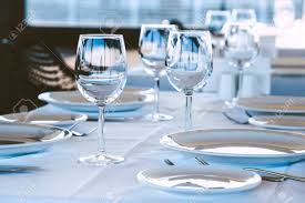 The sherry glass is placed on the table when sherry is served to accompany a course in which sherry is an ingredient. Table Setting In Restaurant Empty Wine Glasses Plates Forks Knifes On The Tablecloth Elegant Restaurant Interior Stock Photo Picture And Royalty Free Image Image 130512272
