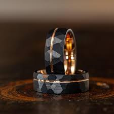 4mm 6mm 8mm silver/black/18k gold/rose gold hammered tungsten rings for men women wedding bands domed matte finish comfort fit 4.7 out of 5 stars 470 $19.99 $ 19. Zeus Hammered Tungsten Carbide Ring Black W Rose Gold Strip 8mm Rings By Lux