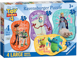 This puzzle pack included 8 disney themed puzzles in one box! Amazon Com Ravensburger 06835 Disney Pixar Toy Story 4 4 Large Shaped Jigsaw Puzzles 10 12 14 16pc Value Set 4 Puzzles In A Box Toys Games