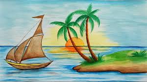 How To Draw Scenery Of Island With Water Colour Step By Step Drawing Scenery Beautiful Scenery Drawing Nature Drawing