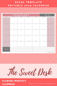 Editable 2019 Calendar Printable Monthly Planner Monthly Calendar Excel Template Modern Calendar Sunday Start Landscape Clarissa Excel Calendar Calendar Template Excel Calendar Template
