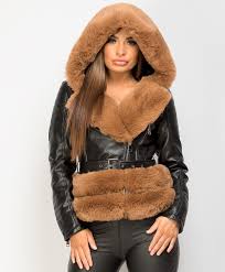 Max studio faux fur shearling military/moto jacket. Black Camel Faux Fur Trim Pu Pvc Hooded Biker Jacket Lexifashion