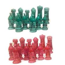 1970s Vintage Ceramic Glazed Oversized Chess Pieces Set Of 32 Chairish Vintage spanish ceramic chess pieces matador bull busty woman gauchos set of 32.
