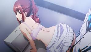 bulge to ass, red eyes, open mouth, miniskirt, bra - Anime R34