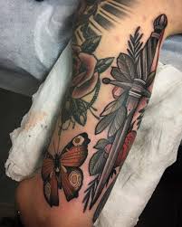 Floral Dagger And Butterfly Gapfiller For Nina From Today Thank You Rest Not By Me Dagger Dolch Leaves Tag Two Hands Tattoo Tattoos Sleeve Tattoos