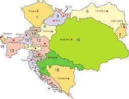 The result of a constitutional compromise (ausgleich) between emperor franz joseph and hungary (then part of the empire), it consisted of diverse dynastic possessions and an internally autonomous kingdom of hungary. Austria Hungary 1910 Empire Of Austria Cisleithania 1 Bohemia 2 Bukovina 3 Carinthia 4 Carniola 5 Dalmatia 6 Galicia 7 Ku Hungary Map Budapest