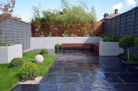 Gray Fence Paving Modern Dark Grey Fence Topiary Light Grey Rendered Walls London Outdoor Gardens Design Modern Garden Design Garden Design London
