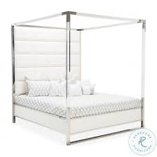 Base, hardware, high posts, and the canopy frame is made of aged pewter finished metal. State St White Box Tufted King Metal Canopy Bed From Aico Coleman Furniture