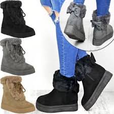 details about womens ladies flat faux fur lining winter bow ankle boots low heel shoes size