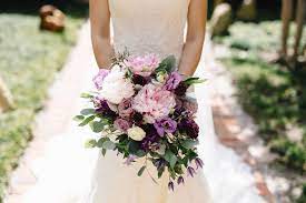 Loose Cascading Bridal Bouquet Of Light Pink Peony Ocean Song Rose Dark Purple Stock Dr Purple Bridal Bouquet Purple Wedding Bouquets Wedding Bouquets Pink