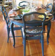 All well designed dining rooms pay close attention to the space available. Lovely Aubusson Blue Dining Table Makeover Painted Dining Table Dining Set Makeover