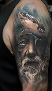 The colorful sailing ship and the huge shark look very artistic and bright. Poseidon Tattoos Meanings Tattoo Designs Ideas In 2021 Poseidon Tattoo Shark Tattoos Tattoos