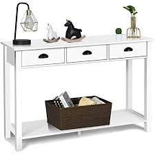 The tables can either match the height of the sofa or chair arm by which they're placed or sit slightly lower. Amazon Com Giantex Console Sofa Table With 3 Drawers Sofa Side Table With Shelf Rectangular Console Table For Living Room Office Bedroom Hallway Multifunctional Usage Accent Entryway Table White Home Kitchen