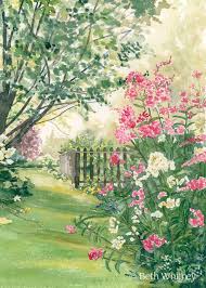 Misty Morning Original Watercolor Garden Painting Peaceful Etsy Scenery Paintings Garden Painting Garden Watercolor