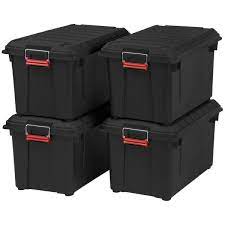 Hinged lids offer easy access provided bins aren't stacked. Iris 82 Qt Weather Tight Store It All Storage Bin In Black Pack Of 4 585750 The Home Depot