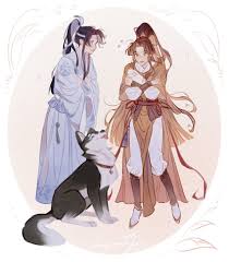 jin ling, lan sizhui, modao zushi, white footwear, absurdres, highres,  2boys, animal, animal collar, artist name, bindi, black hair, blue eyes,  blue hanfu, blush, brown eyes, brown hair, chinese clothes, circle, collar,