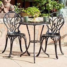 Bistro Table And Chair Set Sale 3 Piece Bistro Set Tulip Design With 2 Chairs And A Table Aluminum Brownish Copper Indoor Or Outdoor Patio Furniture Cross Scented Tart Included For Sale Outdoor Bistro Set Outdoor Patio Furniture Sets