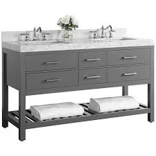 The wooden vanity countertop runs straight on as bathtub panelling and continues all the way up the wall behind the wet areas, doubling as a backsplash and decor. Elizabeth Sapphire Gray 60 Marble Top Double Sink Vanity 1m904 Lamps Plus