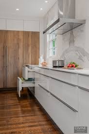 Warm wood cabinets complement a collection of midcentury modern furniture, while an airier layout celebrates leafy views. Boston Brookline Modern Contemporary Leicht Kitchen Walnut Island Divine Design Center