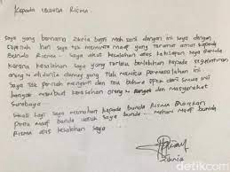 Artikel lain yang dapat dibaca dan berkaitan dengan kalimat di antaranya adalah contoh. Ini Isi Surat Permintaan Maaf Yang Ditulis Zikria Dzatil Untuk Risma