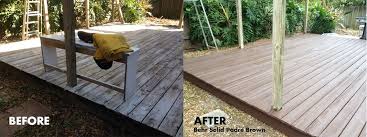 Just Used Behr Solid Stain In Padre Brown To Cover Our Old Weathered Deck Still A Work In Progress But We Re Ha Deck Colors Staining Deck Solid Stain Colors