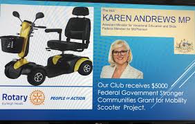 Today arrow mps had the honour of receiving the hon. Hon Karen Andrews Member For Mcpherson Presents 5000 Grant To Our Club For Our Mobility Scooter Project Rotary Club Of Burleigh Heads