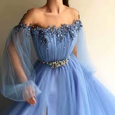 Buy Blue Long Sleeve Tulle Prom Dresses With High Split Beaded Crystal Evening Dresses Js740 Online Jo In 2020 Blue Evening Dresses A Line Prom Dresses Gowns Dresses