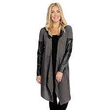 Kate Mallory Reg Sweater Knit Faux Leather Long Sleeve Hooded Cardigan In 2021 Simple Tank Tops Hooded Cardigan Knitted Sweaters