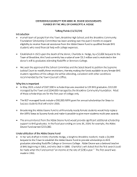 EXPANDING ELIGIBILITY FOR ABBIE W. DEANE SCHOLARSHIPS FUNDED BY THE WILL OF  CHARLOTTE A. HEDGE Talking Points (11/12/24) Intro