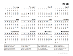 2018 Year Calendar Template With Us Holidays Calendar Template Free Printable Calendar Templates Free Calendar Template